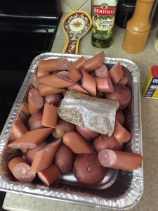 kielbasa and potatoes and spices ready for the pot