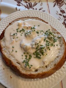 New England Style Seafood Chowder in a bread bowl